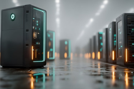 A futuristic data center featuring rows of high-tech servers with illuminated panels in a reflective, sleek environment. the symmetrical arrangement and ambient lighting highlight technological advancement and efficient data processing. Generative AIの素材