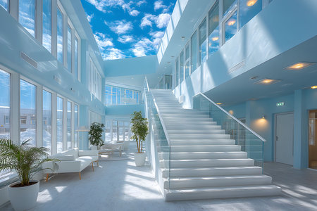 Bright and spacious atrium featuring a central white staircase surrounded by large glass windows. natural light floods the modern interior, accented with greenery and minimalist seating. the open, airy design offers a serene and contemporary architectural space. Generative AIの素材