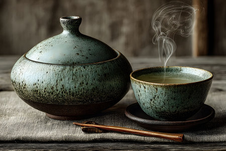 Rustic stoneware teapot and steaming ceramic cup on a wooden table exude warmth and tranquility. the elegant arrangement symbolizes relaxation and tradition, perfect for cozy home settings or tea culture themes. Generative AIの素材