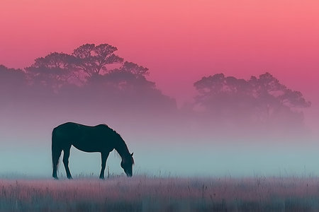 Silhouetted against a colorful sunrise, a horse grazes peacefully in a misty meadow, with softly lit trees in the background. the serene scene blends soft pink, purple, and blue hues, capturing the calm beauty of nature at dawn. Generative AIの素材
