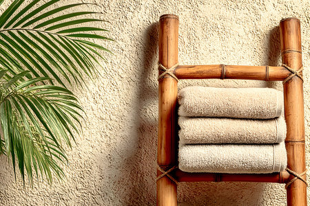 Bamboo towel rack adorned with neatly folded beige towels set against a textured wall, accompanied by a lush green palm leaf, evoking a serene spa atmosphere and tropical relaxation. Generative AIの素材