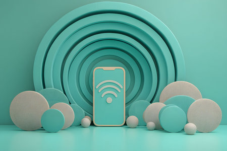 A smartphone displays a wifi symbol, set against a backdrop of teal abstract geometric shapes creating a modern design. the composition combines circles and arcs, emphasizing connectivity and technology themes. Generative AIの素材