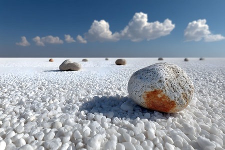Vast desert scene featuring white, pebble-covered ground with scattered large stones under a vivid blue sky and fluffy clouds. the serene atmosphere and natural textures highlight the stark beauty of barren landscapes. Generative AIの素材
