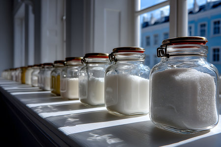 Glass jars filled with sugar line a sunlit windowsill, creating a warm and inviting kitchen atmosphere. sunlight streaming through a window enhances the transparency and texture of the jars, emphasizing themes of culinary storage and home decor. Generative AIの素材