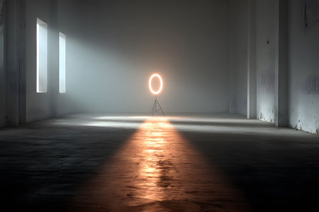 A minimalist industrial interior showcases a circular light source on a tripod, casting dramatic shadows across a spacious, empty room. natural light enters through windows, the floor's texture and the room's vastness. Generative AIの素材
