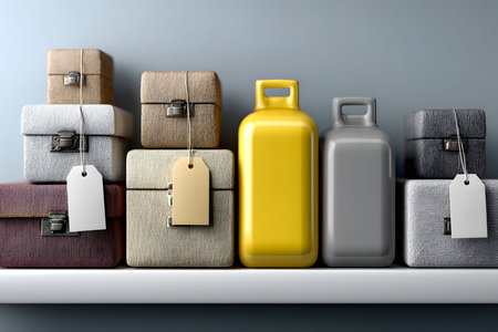 A meticulously arranged collection featuring textured gift boxes with attached tags and vibrant bottles on a sleek shelf, perfect for stylish home decor, retail display, or gift inspiration. Generative AIの素材