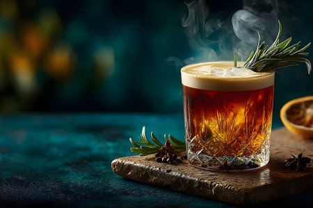 A crystal glass filled with a dark, steaming cocktail, garnished with fresh rosemary, rests on a rustic board against a blurred, moody background. citrus and spices hint at the drink s aromatic character. Generative AIの素材