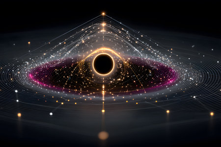 A captivating visualization of a black hole surrounded by vibrant celestial patterns and luminous light trails. this abstract depiction emphasizes cosmic themes, space phenomena, and futuristic design elements. Generative AIの素材