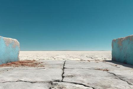Expansive desert landscape featuring cracked, arid ground stretching to the horizon. vivid blue sky contrasts with a barren, sunlit terrain. the scene offers tranquil and minimalistic beauty, ideal for nature-themed projects. Generative AIの素材
