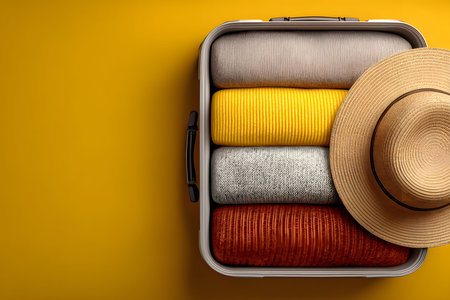 Organized suitcase showcasing neatly folded sweaters in neutral and warm colors, paired with a wide-brimmed straw hat. ideal for concepts of travel, organization, and fashion, set against a vibrant yellow backdrop. Generative AIの素材