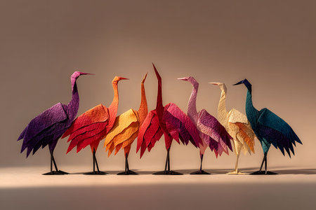 Vibrant origami cranes are aligned in a spectrum of colors, showcasing the intricate art of paper folding. the arrangement highlights each crane's unique hue, creating a visually striking and imaginative display perfect for artistic endeavors. Generative AIの素材