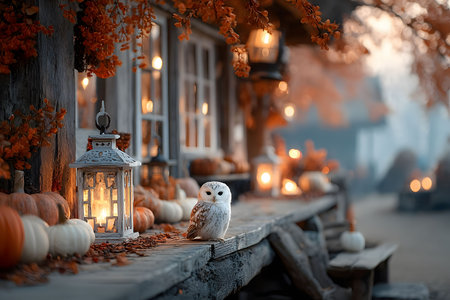An enchanting autumn scene featuring a rustic cottage adorned with glowing lanterns and pumpkins. a snowy owl perches on a wooden ledge, surrounded by vibrant orange foliage, creating a warm, halloween-inspired ambiance. Generative AIの素材
