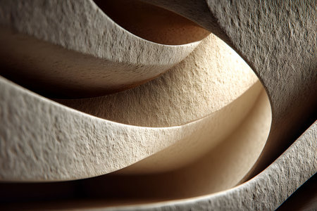 Curved, textured surfaces create a dynamic and abstract architectural design. light and shadows accentuate the forms, the interplay between structure and texture, ideal for contemporary art or interior decor themes. Generative AIの素材