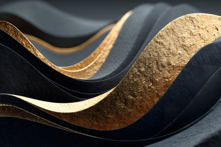 Elegant black and gold abstract waves create a luxurious, modern aesthetic. the textured design features undulating patterns, blending sophistication and style, perfect for backgrounds, prints, or contemporary decor. Generative AIの素材
