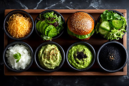 Gourmet burger platter featuring a sesame seed bun, fresh greens, cucumber slices, shredded cheese, onions, and assorted dips such as guacamole. perfect for culinary presentations, menu designs, and food-related promotions. Generative AIの素材