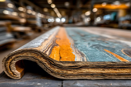Close view of a multicolored stone slab with vibrant patterns, its intricate textures in a large, well-lit industrial environment. the image focuses on the stone's rich details and craftsmanship. Generative AIの素材