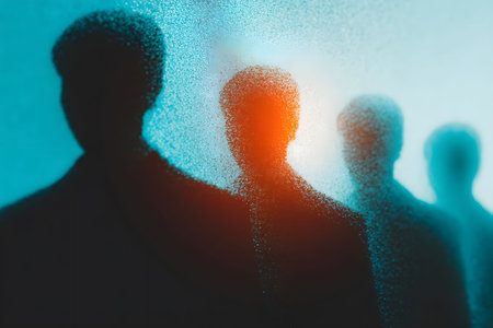 Silhouetted figures stand against a dynamic abstract background with cool blue and warm orange tones. the image blends shadow and light, creating a mysterious, dreamlike atmosphere suitable for modern art or conceptual design purposes. Generative AIの素材