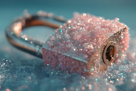 Close-up view of a padlock encrusted with sparkling ice crystals, symbolizing the concept of security and protection in winter. the focus on the frosted details creates a serene, yet strong visual impact. Generative AIの素材