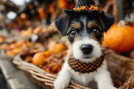 A charming puppy wearing a halloween-themed hat and scarf is surrounded by pumpkins and seasonal decor. the festive atmosphere essence of autumn celebrations, perfect for holiday-themed design projects. Generative AIの素材