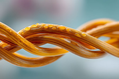 Detailed macro photograph of intricately twisted strings adorned with tiny dew drops, capturing the beauty of nature's patterns. a perfect background for artistic design, featuring vivid orange and natural tones. Generative AIの素材