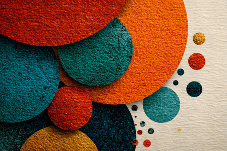 Dynamic abstract composition featuring overlapping circles in vibrant orange, teal, and dark tones on a textured paper background. ideal for modern art projects, design inspiration, and creative decor. Generative AIの素材