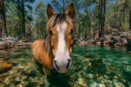 A wild horse stands in a clear forest stream under a bright, sunny sky. surrounded by lush greenery and tall trees, the scene essence of untamed nature and tranquility, perfect for wildlife and landscape enthusiasts. Generative AIの素材