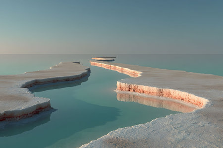 Experience the calm of vast salt flats meeting serene azure waters under a clear sky. the minimalist landscape, with its pale hues and reflective surfaces, showcases nature's artistic elegance and tranquility in a vast open space. Generative AIの素材