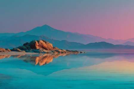 Tranquil mountain scenery at dusk, featuring rugged peaks reflected in calm lake waters. soft pastel hues create a serene and ethereal atmosphere, capturing the beauty of nature's untouched wilderness. Generative AIの素材