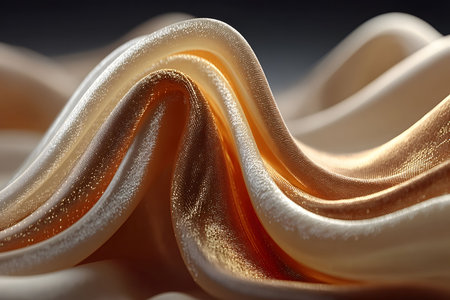 Elegant waves of golden fabric create a mesmerizing abstract landscape. light plays across the supple material, intricate textures and folds. ideal for design concepts or luxury-themed projects. Generative AIの素材