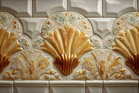 Art deco wall tiles feature intricate golden motifs, showcasing vintage elegance with elaborate detailing. the design reflects the opulence and aesthetic appeal of historical architectural styles, ideal for sophisticated interior decoration. Generative AIの素材