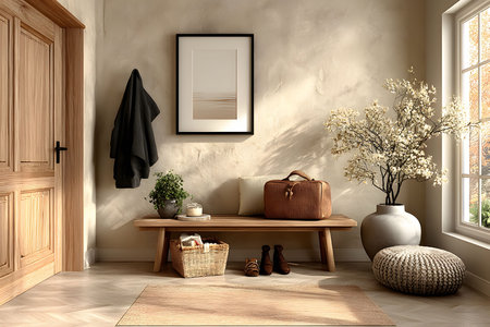 A serene entryway featuring a wooden bench adorned with a warm blanket, a decorative basket, and a leather bag. natural light illuminates the minimalist decor, including a potted plant and a large vase with white blossoms, enhancing tranquility. Generative AIの素材