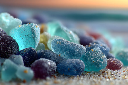 Vibrant candy resembling pebbles lies scattered on a sandy beach, dusted with sugar crystals and illuminated by warm sunset hues. the scene blends bright colors and textures, ideal for creative compositions and summer-themed designs. Generative AIの素材