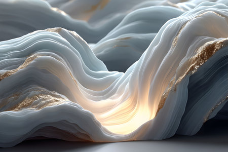 Fluid, wave-like patterns in soft blue and white tones flow gracefully, highlighted by golden accents. a luminous glow emerges, adding depth and intrigue, perfect for modern design, digital art projects, or conceptual artwork. Generative AIの素材