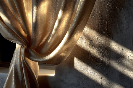 Luxurious golden curtains elegantly tied back reveal contrasting shadows on a textured wall. sunlight streams through, creating a warm, inviting ambiance perfect for stylish home decor concepts. Generative AIの素材
