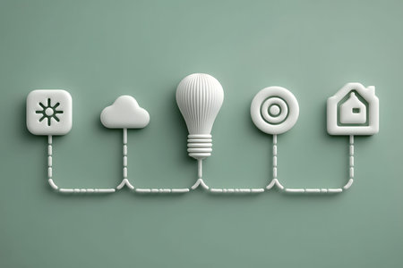 Abstract representation of energy efficiency and smart home technology using minimalist white 3d icons on a pastel green background. includes symbols of energy, cloud technology, and home automation, connected by dotted lines. Generative AIの素材