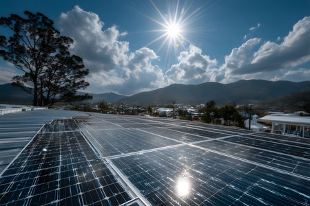 Rooftop solar panels glisten under a bright sun, set against a backdrop of mountains and a townscape. a vivid sky with scattered clouds enhances the scene, emphasizing renewable energy and environmental sustainability. Generative AIの素材