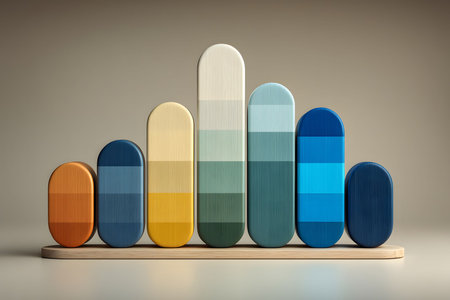 Wooden bar graph sculpture with colorful segments in various heights on a neutral background. ideal for illustrating business growth, educational trends, or creative data visualization concepts in modern designs. Generative AIの素材