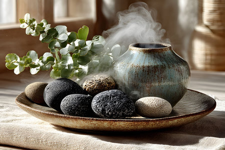 Tranquil spa setting featuring a steaming ceramic vase surrounded by smooth, textured hot stones on a rustic plate. the serene atmosphere is elevated by greenery, creating a peaceful wellness retreat ambiance. Generative AIの素材