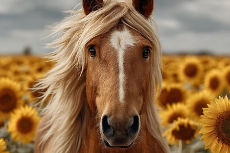 A beautiful horse with flowing mane stands amidst a vibrant sunflower field under a cloudy sky. this serene nature scene is perfect for capturing the essence of tranquility and rural beauty. Generative AIの素材