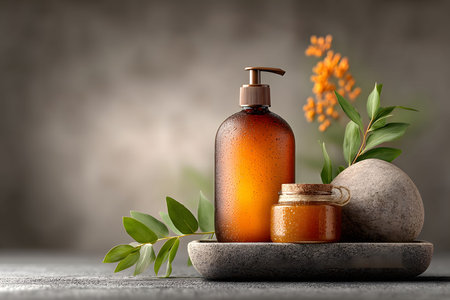 Amber glass bottles and jars elegantly displayed on a textured stone surface, accented by lush greenery and bright orange flowers. a serene and harmonious composition embodying a luxurious spa atmosphere. Generative AIの素材