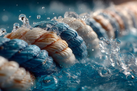 Close-up of a blue and white nautical rope submerged in water, with dynamic splashes the texture and color. the scene evokes a sense of maritime adventure and strength, ideal for nautical-themed designs. Generative AIの素材