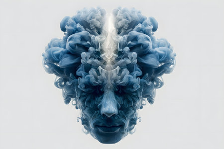 Intricate smoke patterns form a symmetrical abstract face, blending fluid shapes and ethereal textures. this surreal composition highlights artistic creativity, offering inspiration for design projects, posters, or storytelling themes. Generative AIの素材