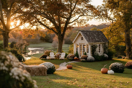 A quaint cottage surrounded by vibrant autumn foliage and overlooking a serene river. adorned with pumpkins and hay bales, white chairs invite relaxation in the golden evening light, creating a peaceful fall retreat. Generative AIの素材