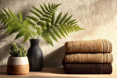 A serene home decor arrangement featuring a vase with lush ferns, a small potted cactus, and neatly folded towels. perfect for a spa-like atmosphere and adding a touch of nature indoors. elegant and calming design elements. Generative AIの素材
