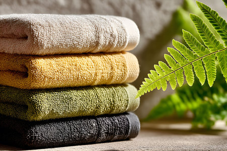 Four folded towels in white, yellow, green, and black, are stacked neatly beside vibrant green fern leaves, creating a serene and soothing ambiance ideal for spa, home decor, and relaxation projects. Generative AIの素材
