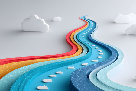 Vibrant abstract 3d design showcases a dynamic, colorful pathway leading into the horizon. surrounded by minimalistic clouds, the scene conveys innovation, creativity, and imagination with flowing colors and whimsical elements. Generative AIの素材