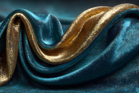 Luxurious draped fabric in rich blue and gold tones, showcasing shimmering silk texture. ideal for design elements, interior decor inspiration, fashion background, or textile branding visuals. Generative AIの素材