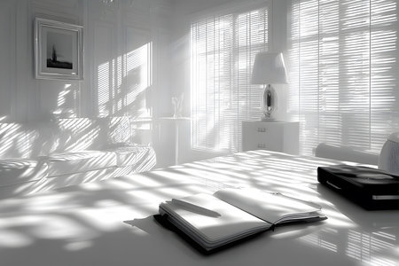 Sunlight filters through blinds, casting shadows in a modern office. an open notebook sits on a pristine white desk, creating a minimalist scene emphasizing productivity, serenity, and contemporary decor. Generative AIの素材
