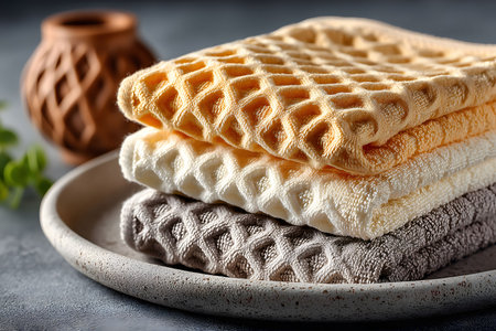 Soft waffle-knit towels in neutral tones are neatly stacked on a rustic stone platter, evoking a sense of comfort and warmth. a clay vase and a hint of greenery in the background enhance the cozy, spa-like atmosphere. Generative AIの素材