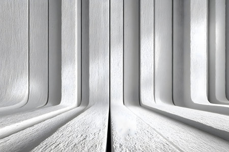 Minimalist architectural design featuring a series of curved, white panels creating a dynamic, abstract pattern with clean lines and a sense of depth. ideal for contemporary interior design concepts and modern art projects. Generative AIの素材